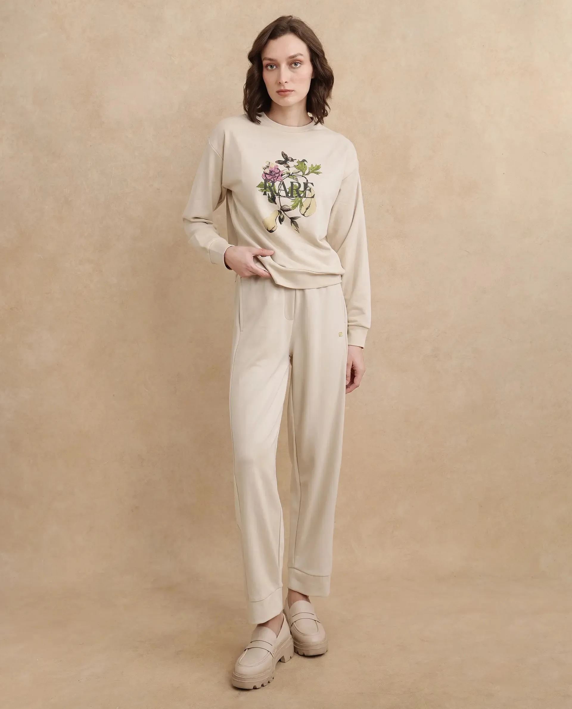 Rareism Women Avoca Beige Cotton Poly Fabric Full Sleeve Crew Neck Regular Fit Floral Print Sweatshirt